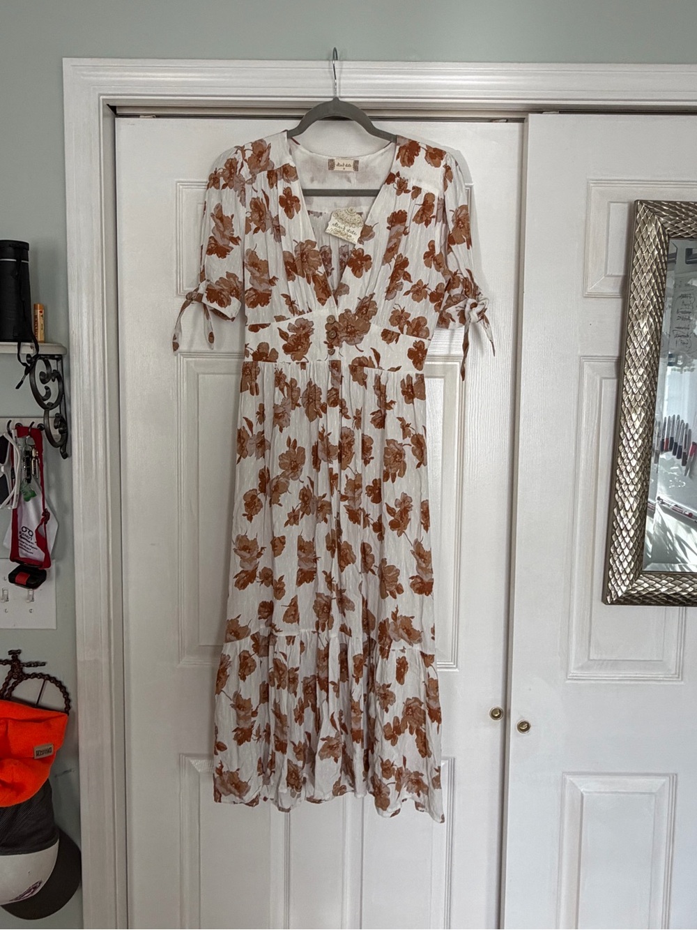 V-Neck White, Brown and Tan Floral Print Dress